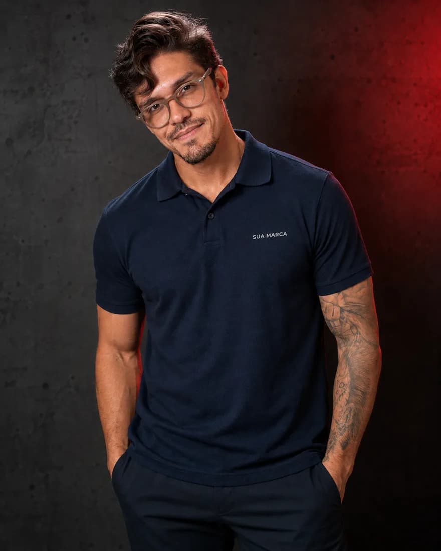 Pedro Costa de camisa polo azul-marinho com SUA MARCA bordado no peito