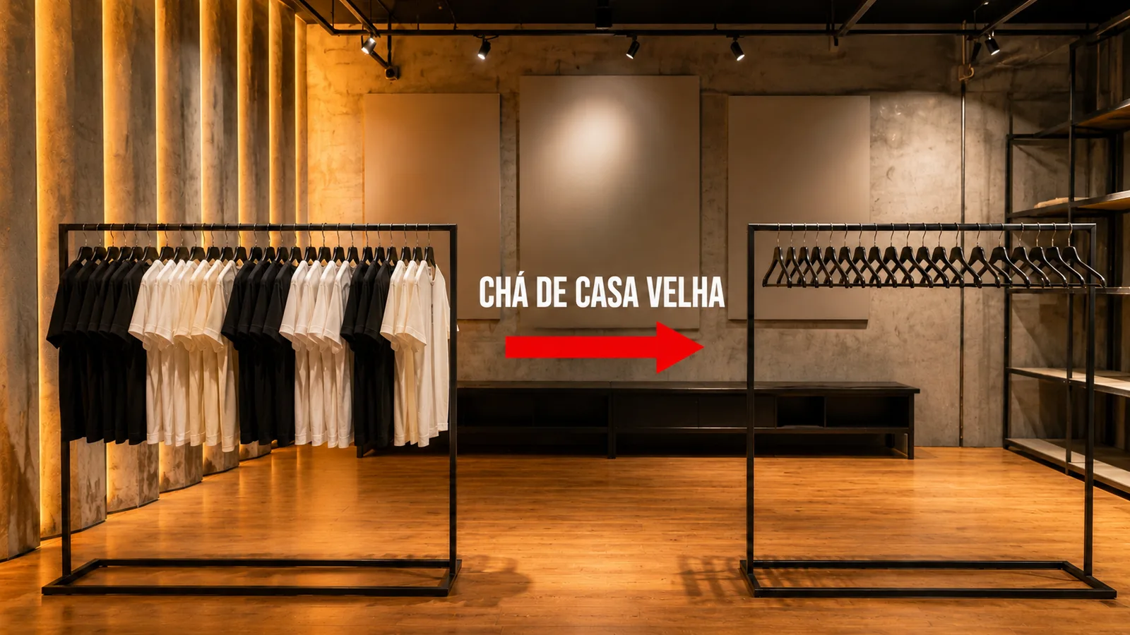 Interior da loja com duas araras, a da esquerda cheia de camisetas pretas e off white e a da direita so com cabides vazios, e uma seta vermelha com a frase Cha de Casa Velha apontando da cheia para a vazia