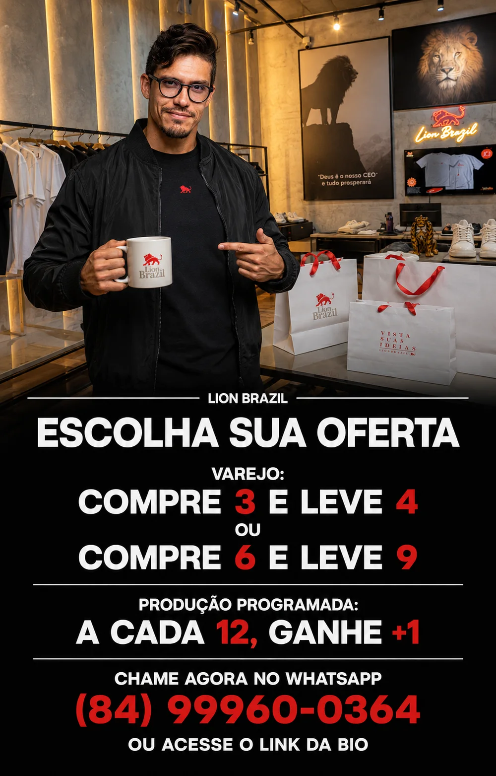 Arte da campanha com as ofertas do Cha de Casa Velha: no varejo compre 3 e leve 4 ou compre 6 e leve 9, na producao programada a cada 12 ganhe mais 1, com o WhatsApp 84 99960-0364