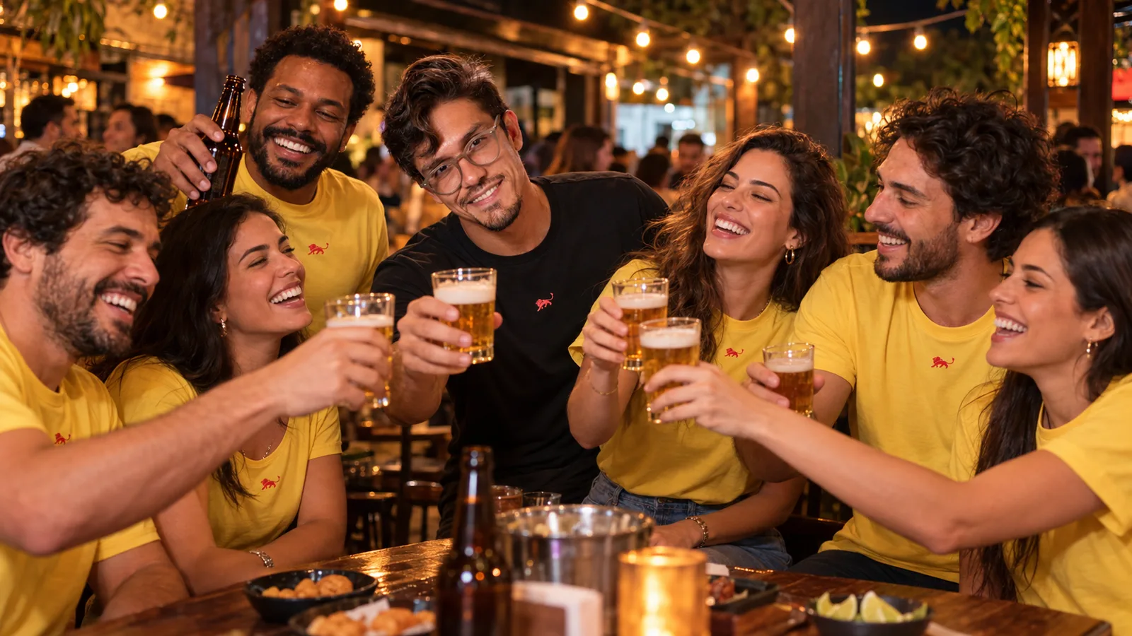 Amigos de camiseta amarela igual com o leão da Lion brindam num bar no aniversário, com Pedro Costa no meio do grupo.