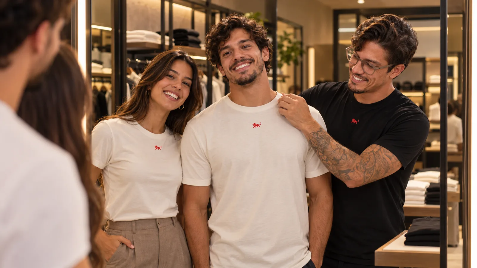 Casal de camisetas off-white combinando com o leão da Lion se olha sorrindo na loja, enquanto Pedro Costa ajeita a gola da camiseta dele.