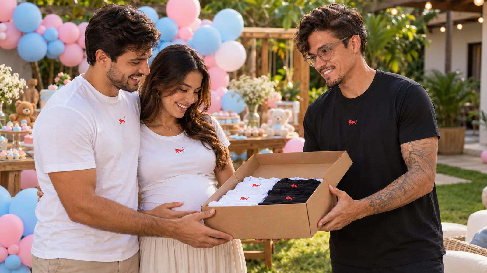 Casal à espera do bebê, de camisetas brancas combinando com o leão da Lion, recebe de Pedro Costa uma caixa de camisetas para os convidados do chá revelação.