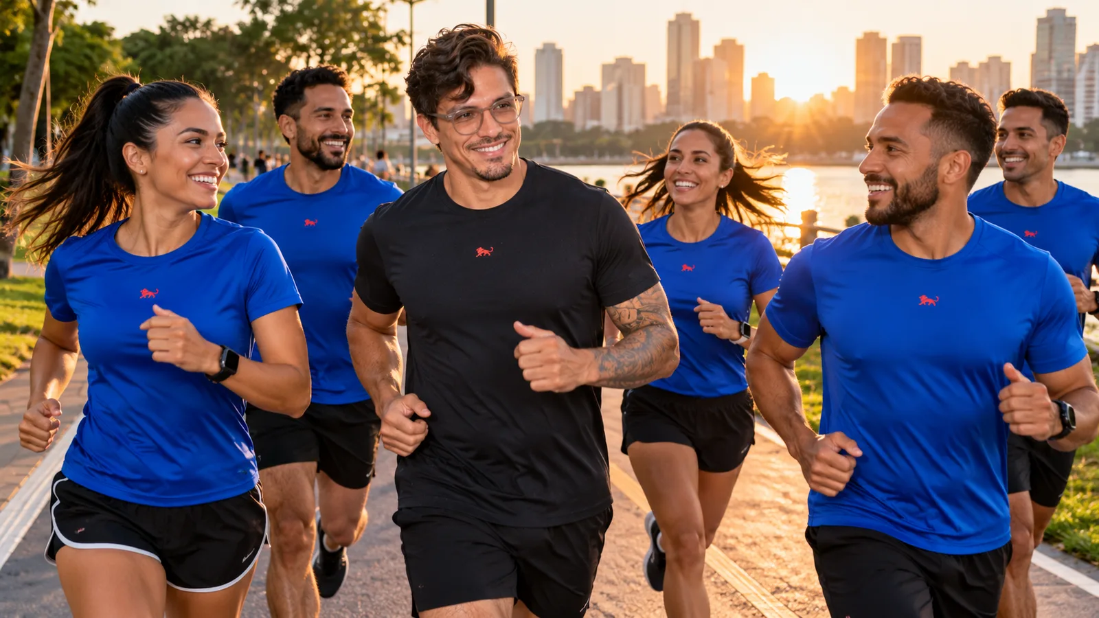 Grupo de corrida de camiseta dry fit azul com o leão da Lion treinando no parque ao amanhecer, com Pedro Costa correndo junto.