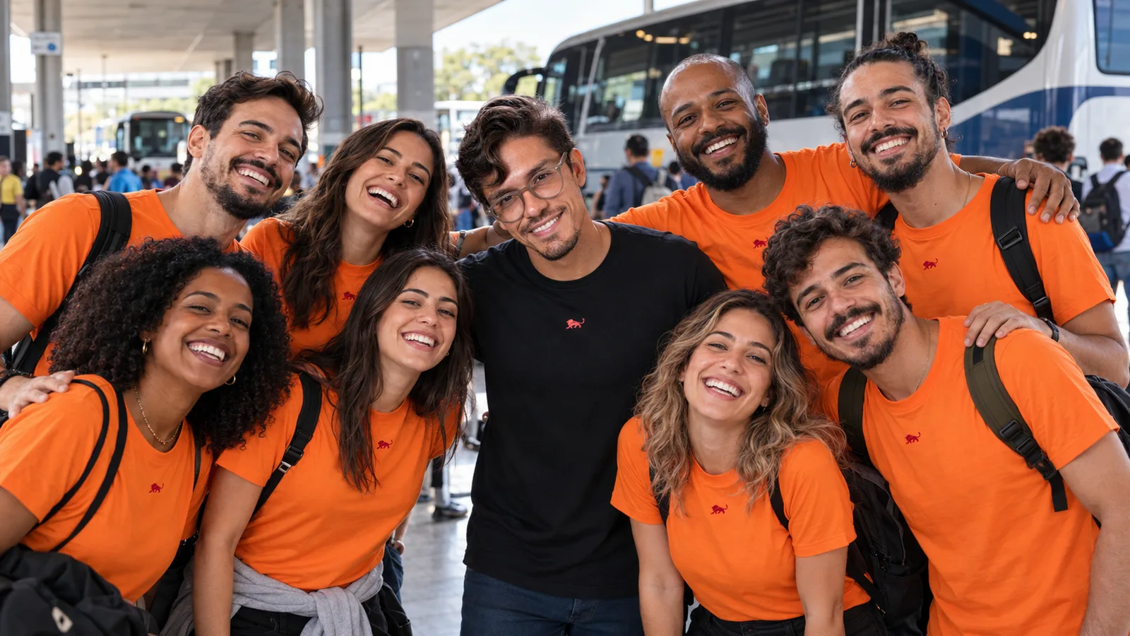 Grupo de amigos de camiseta laranja com o leão da Lion na rodoviária, com Pedro Costa, fundador da Lion Brazil, no meio do grupo.