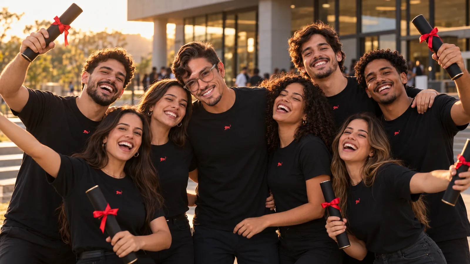 Turma de formandos de camiseta preta igual com o leão da Lion comemora abraçada em frente à faculdade, com Pedro Costa no meio.