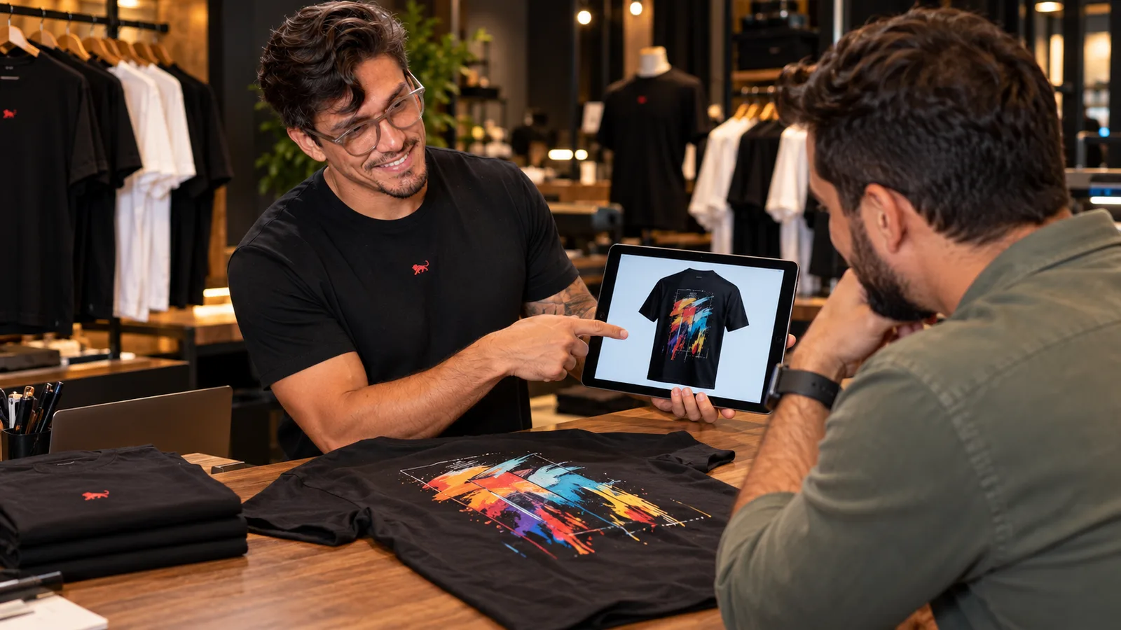 Pedro Costa mostra no tablet o mockup da camiseta a um cliente, com a peça pronta, estampada com uma arte colorida, sobre o balcão da loja da Lion.