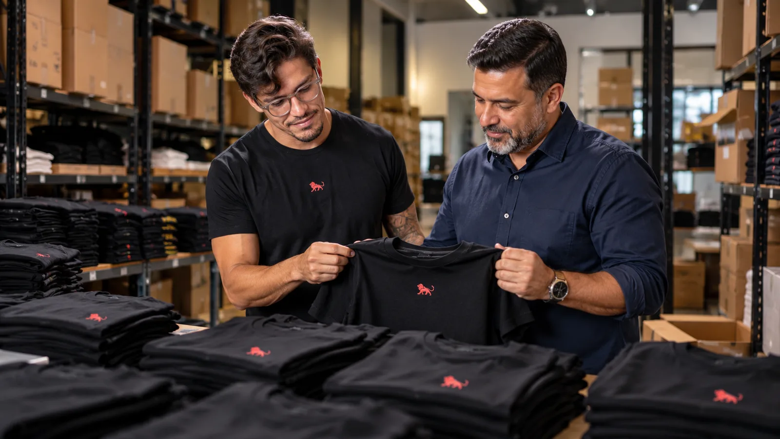 Pedro Costa, fundador da Lion Brazil, confere um lote de camisetas pretas com o leão da Lion junto de um empresário no estoque.