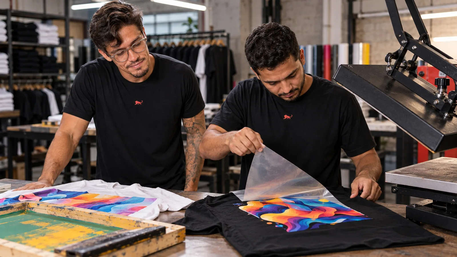 Estampador de camiseta preta com o leão da Lion puxa o filme de DTF de uma arte colorida na prensa, com a peça sublimada e a tela de serigrafia na bancada, e Pedro Costa conferindo.