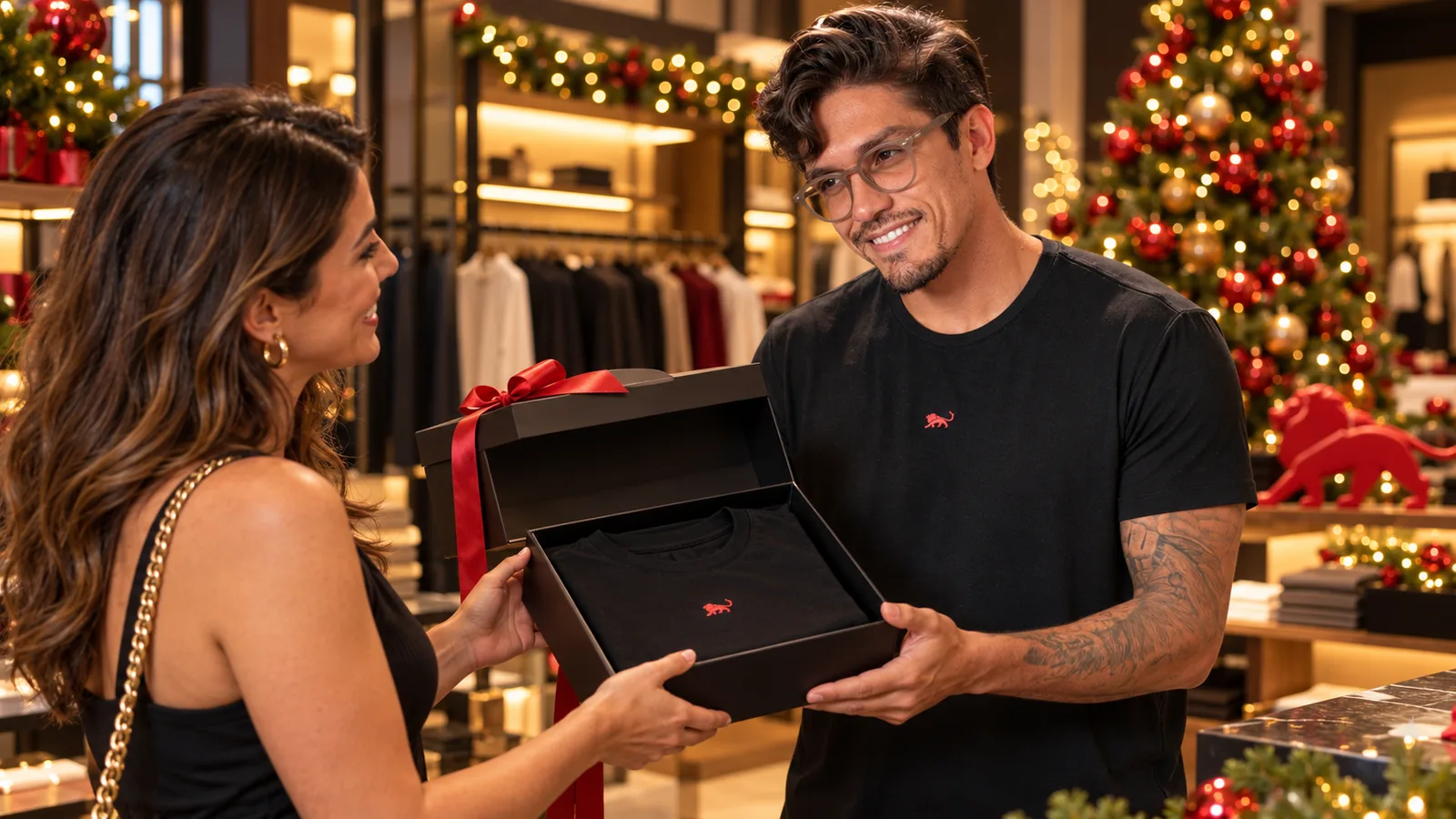 Pedro Costa, fundador da Lion Brazil, entrega a uma cliente uma caixa de presente com uma camiseta preta da Lion na loja decorada para o Natal.