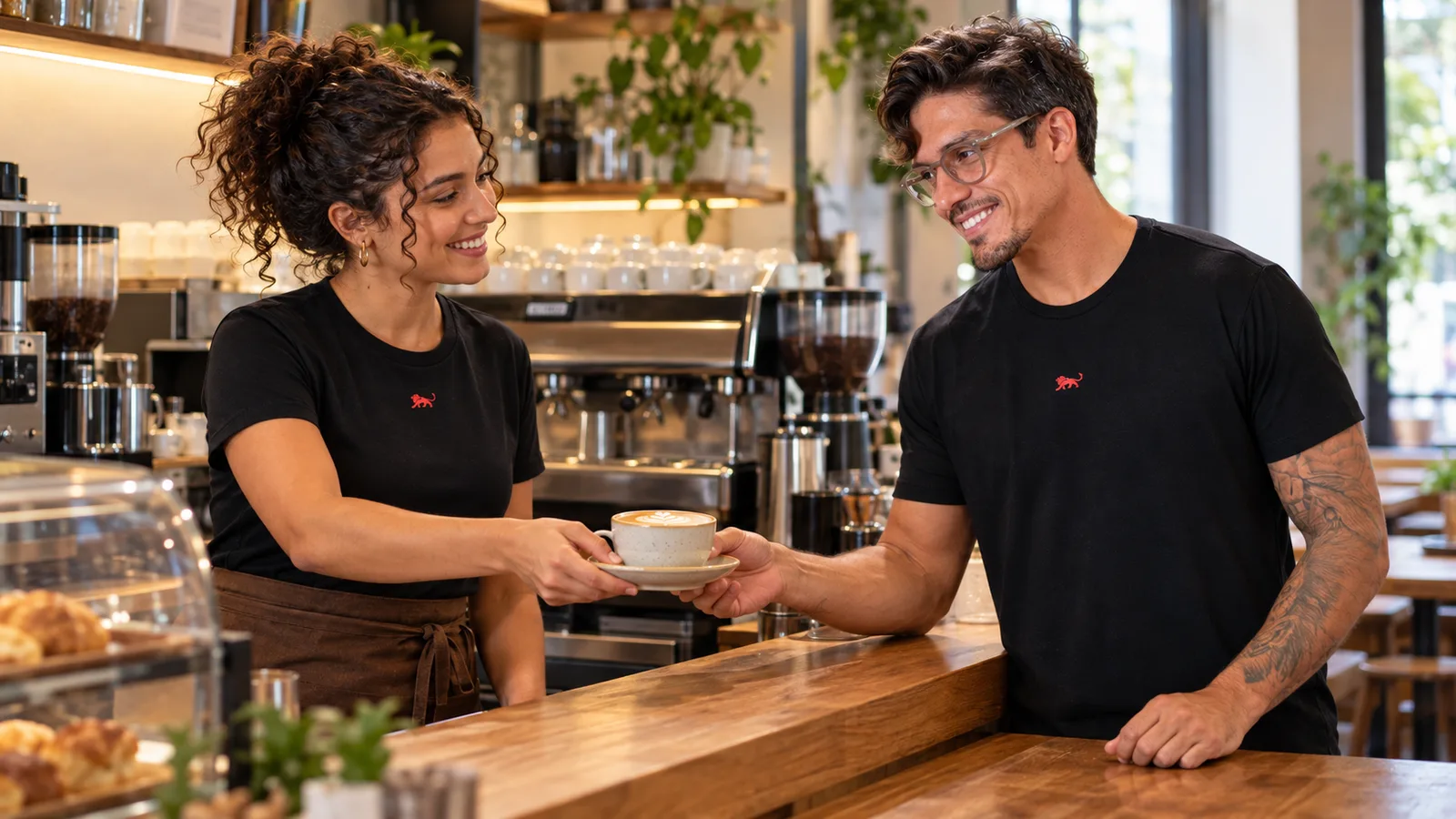 Barista de camiseta preta com o leão da Lion e avental marrom entrega um café para Pedro Costa, fundador da Lion Brazil, no balcão da cafeteria.