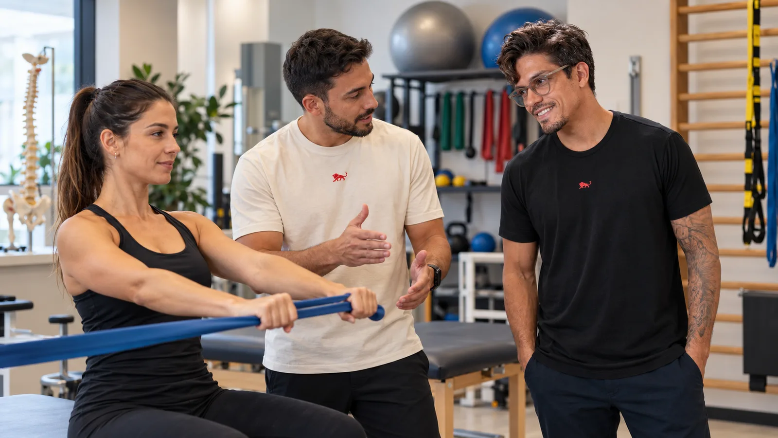 Fisioterapeuta de camiseta off-white com o leão da Lion orienta uma paciente no exercício com faixa elástica, ao lado de Pedro Costa, fundador da Lion Brazil.