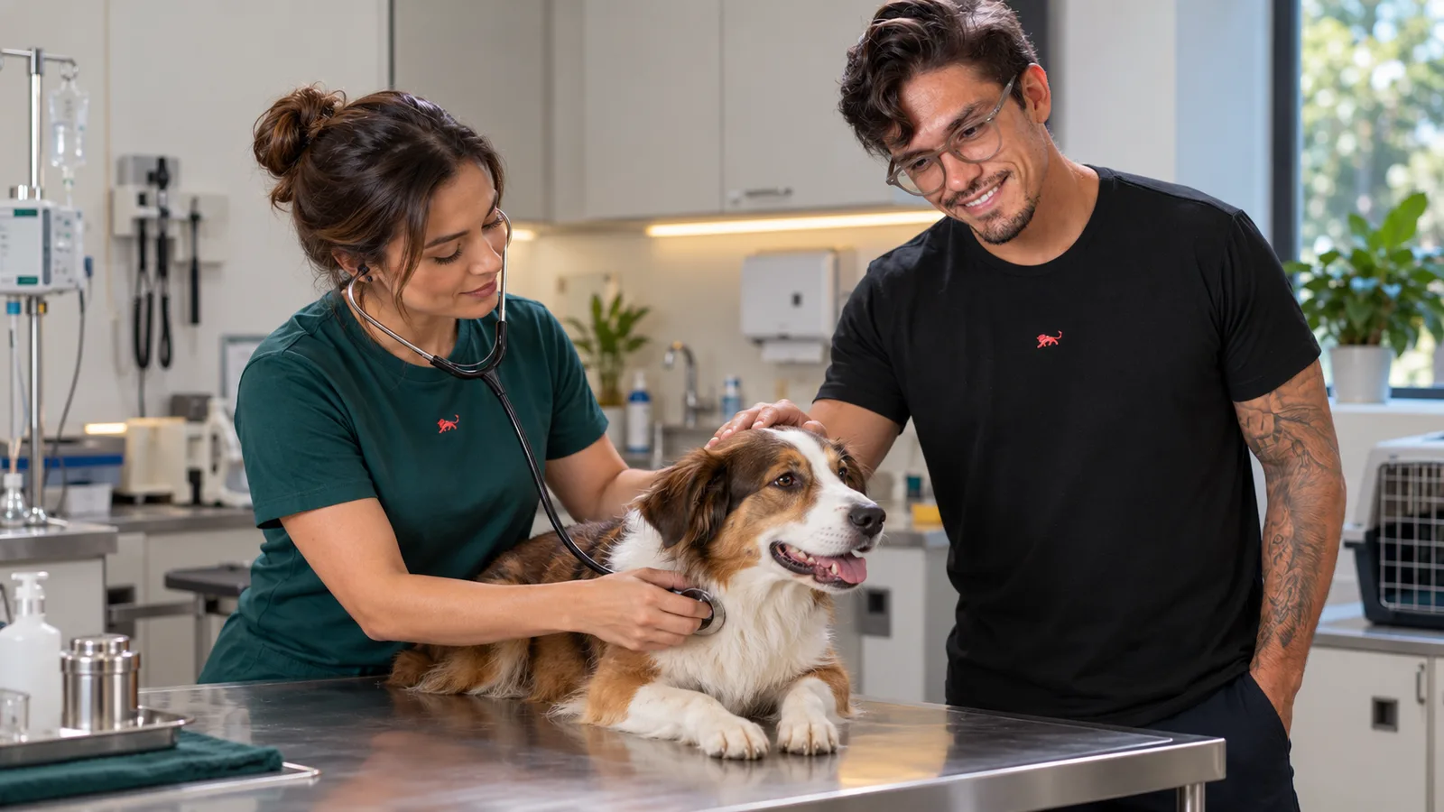 Veterinária de camiseta verde com o leão da Lion examina um cachorro na mesa de atendimento, enquanto Pedro Costa, fundador da Lion Brazil, faz carinho nele.