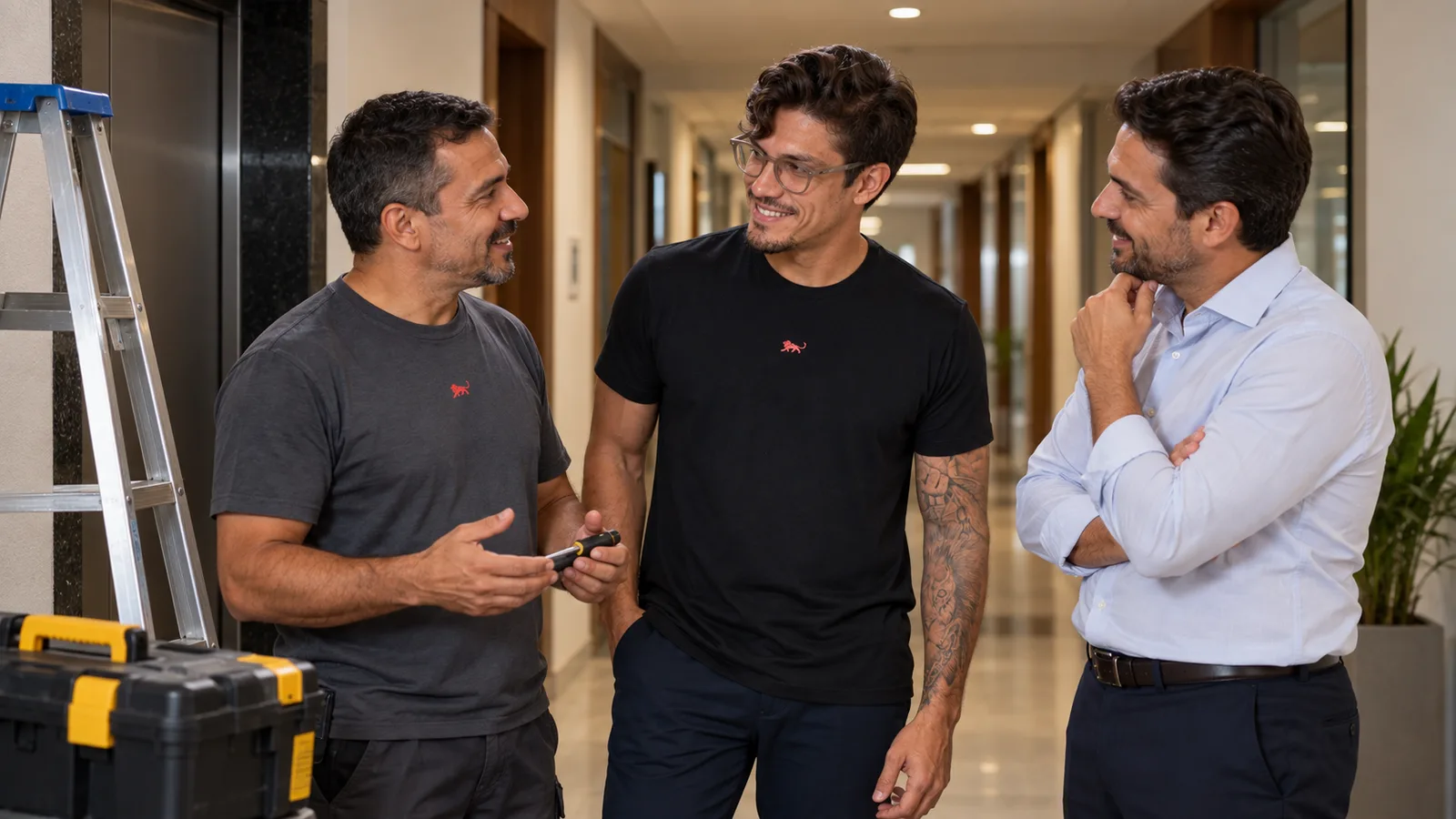 Técnico de manutenção predial de camiseta cinza com o leão da Lion, com escada e caixa de ferramentas, conversa com Pedro Costa e o gerente do prédio.