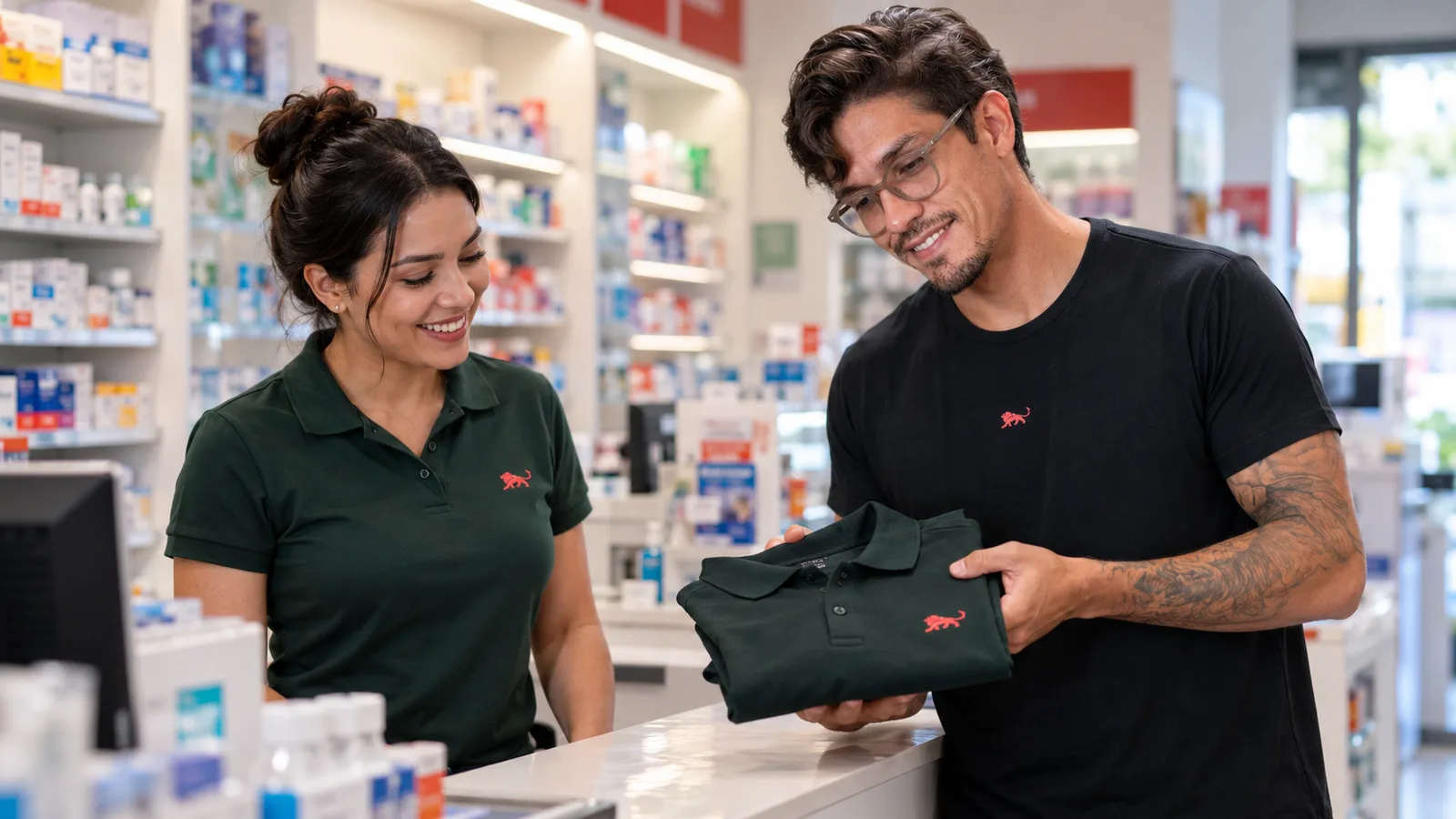 Farmacêutica de camisa polo verde com o leão da Lion vê a polo nova que Pedro Costa, fundador da Lion Brazil, mostra no balcão da farmácia.