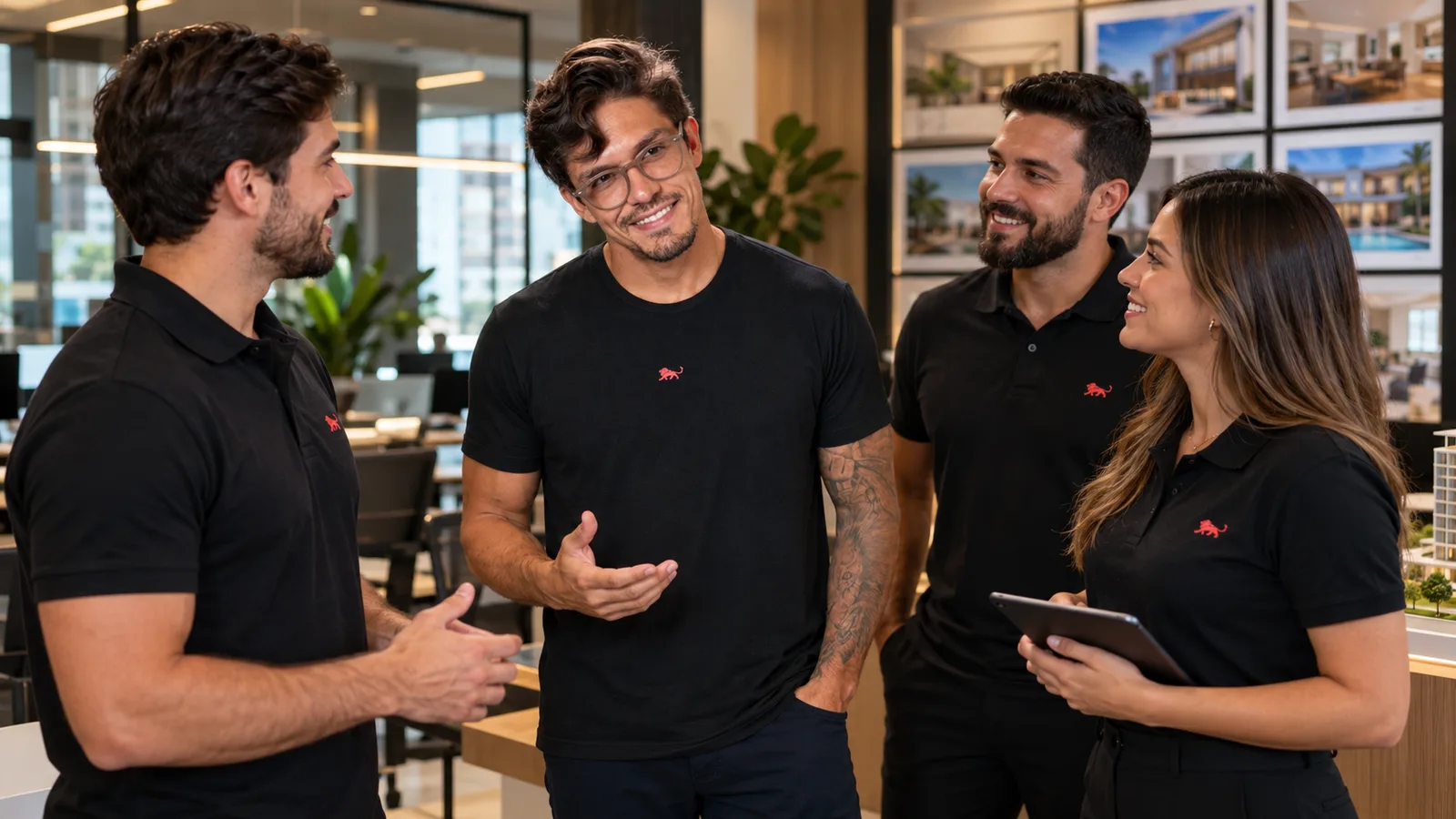 Equipe de corretores de camisa polo preta com o leão da Lion conversa com Pedro Costa, fundador da Lion Brazil, na imobiliária.