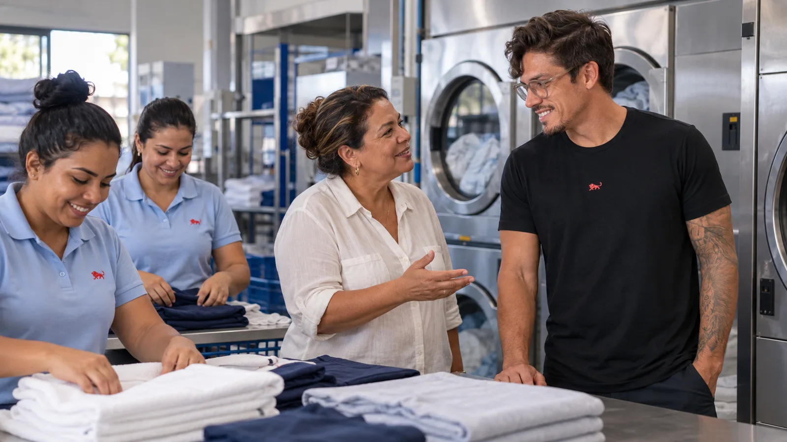 Atendentes de camisa polo azul-clara com o leão da Lion dobram roupas no balcão da lavanderia, enquanto Pedro Costa conversa com a dona.