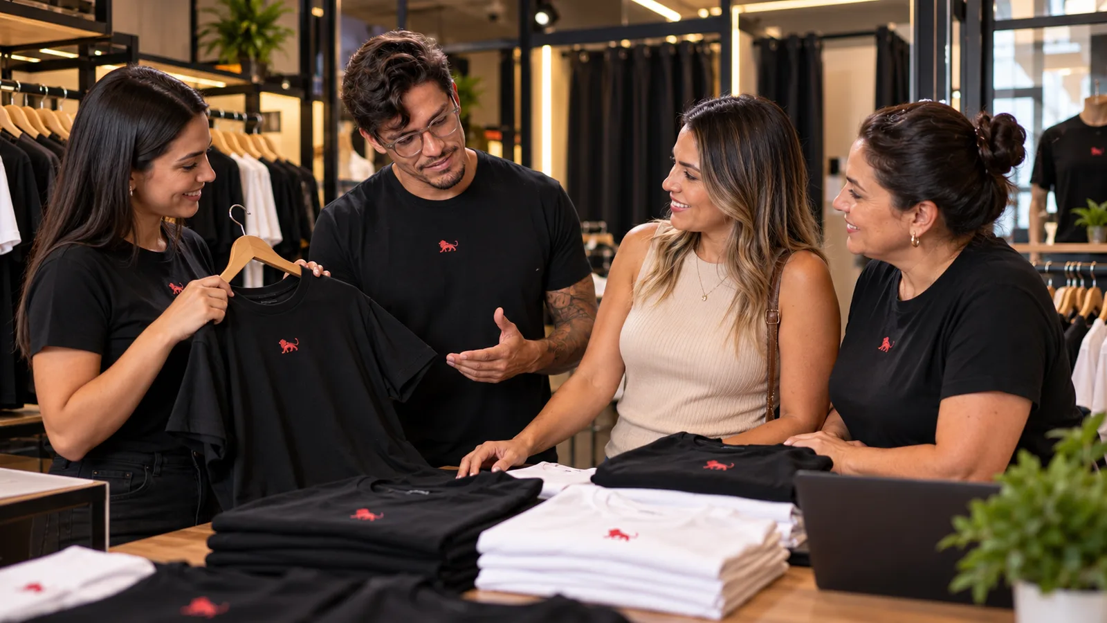 Vendedoras de camiseta preta com o leão da Lion atendem clientes numa loja de roupas, com Pedro Costa conversando com a dona no balcão.