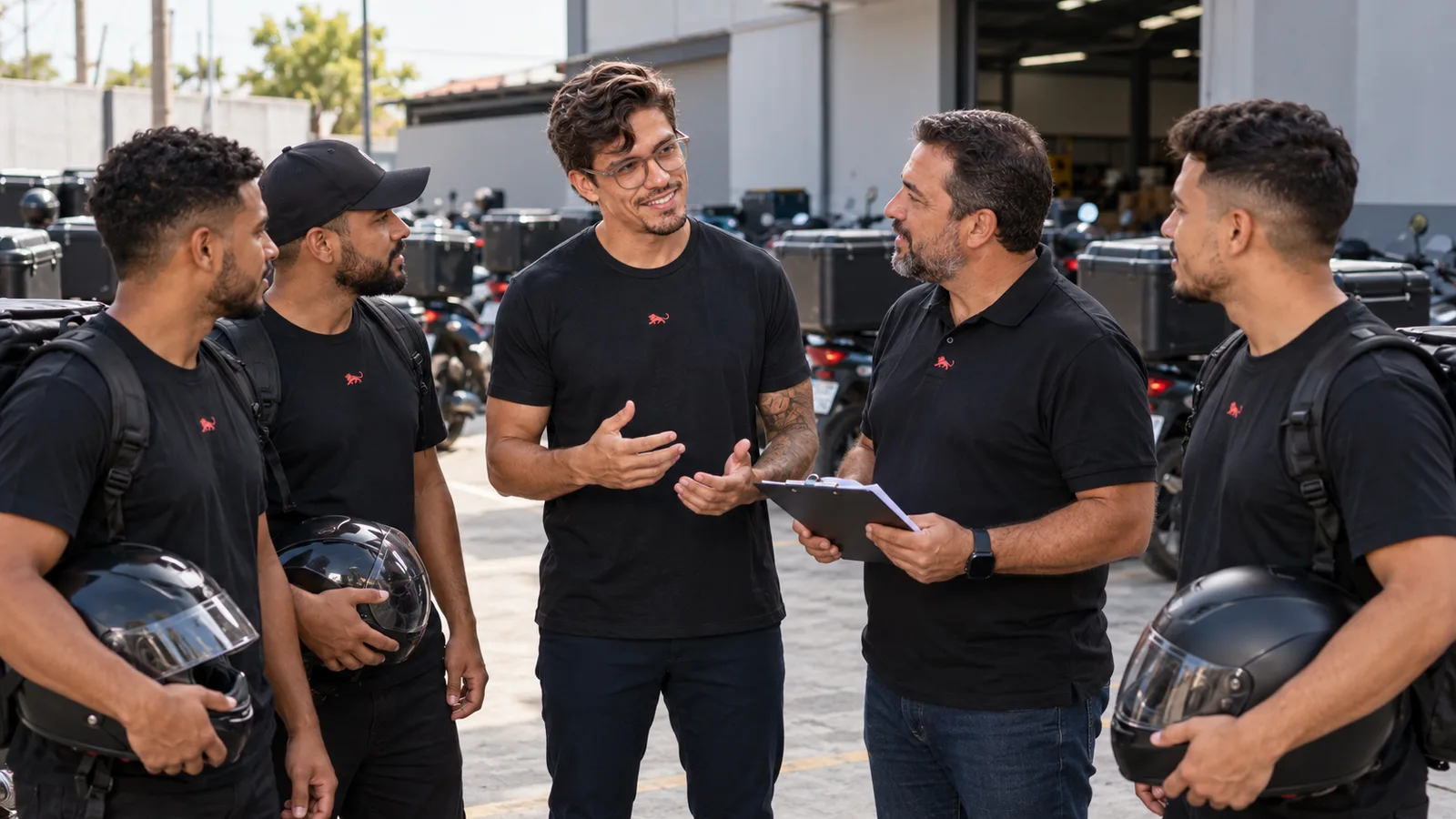 Motoboys de camiseta preta com o leão da Lion, capacete na mão, conversam com Pedro Costa e o dono da empresa de entregas.