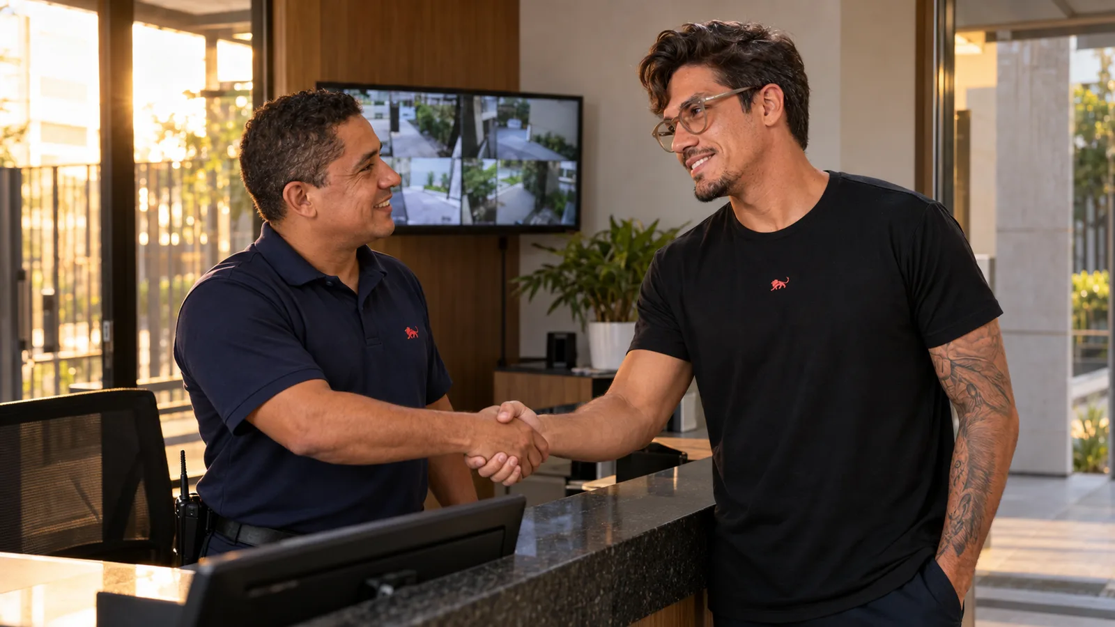 Porteiro de camisa polo azul-marinho com o leão da Lion cumprimenta Pedro Costa, fundador da Lion Brazil, na portaria do condomínio.