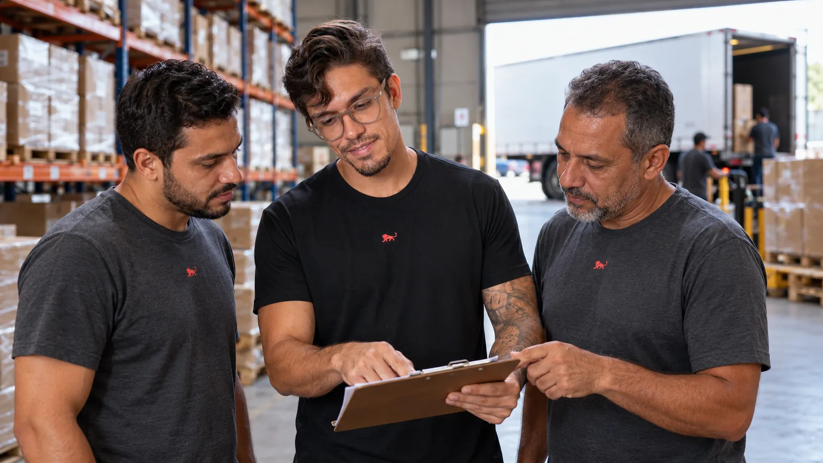 Dois colaboradores da transportadora, de camiseta cinza com o leão da Lion, conferem a prancheta com Pedro Costa no galpão, com o caminhão na doca.