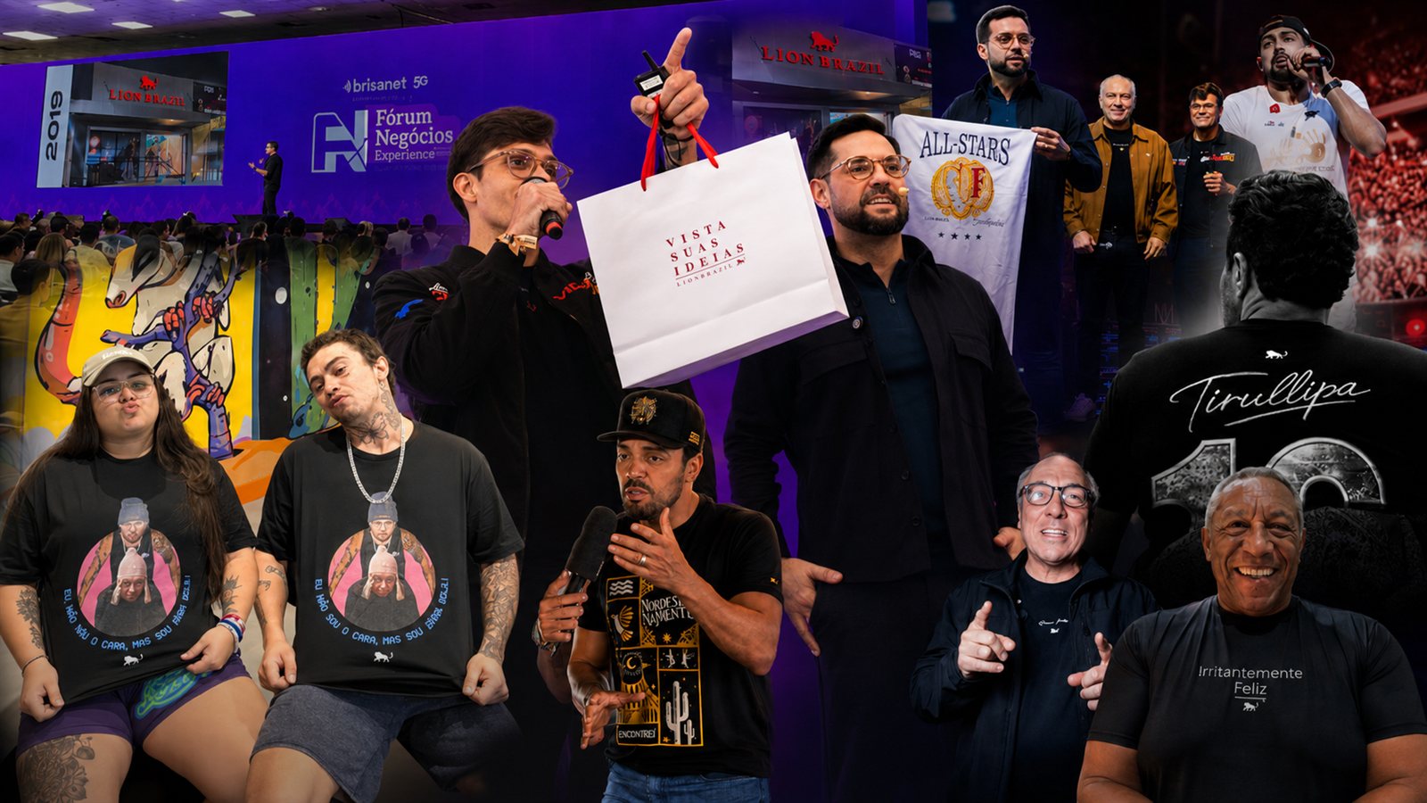 Personalidades, empresários e clientes vestindo camisetas personalizadas Lion Brazil em eventos e no dia a dia