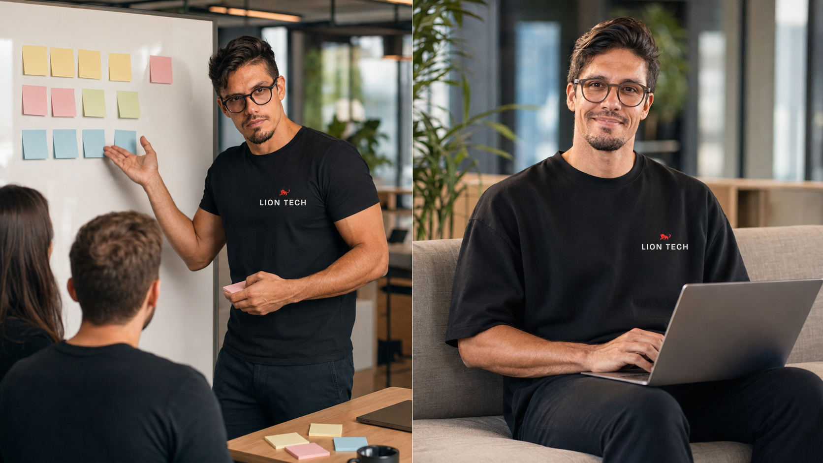 Camiseta personalizada estampada em ambiente de trabalho jovem e informal, típico de startup.