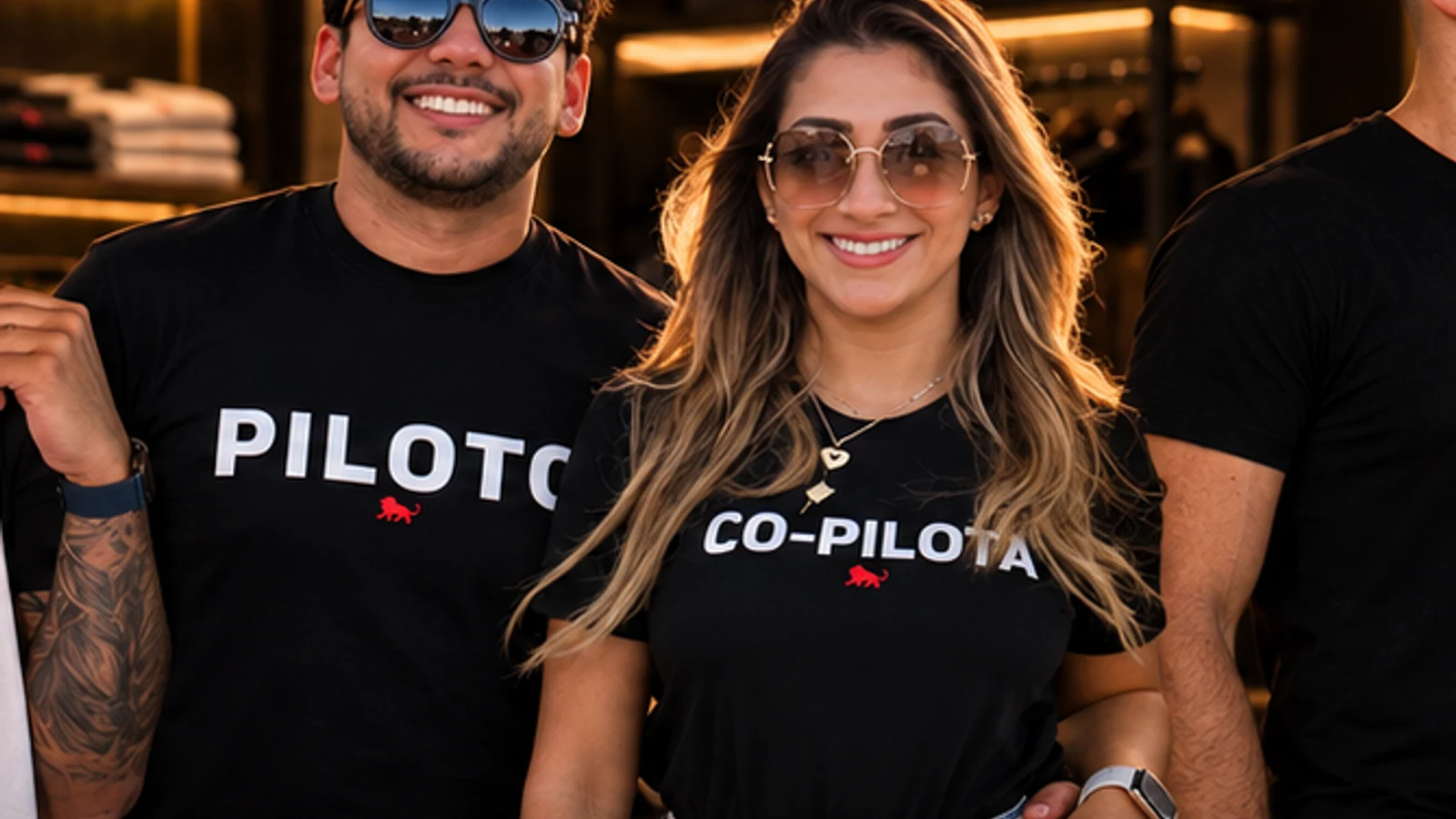 Casal na loja da Lion Brazil com camisetas pretas combinando estampadas com Piloto e Co-Pilota
