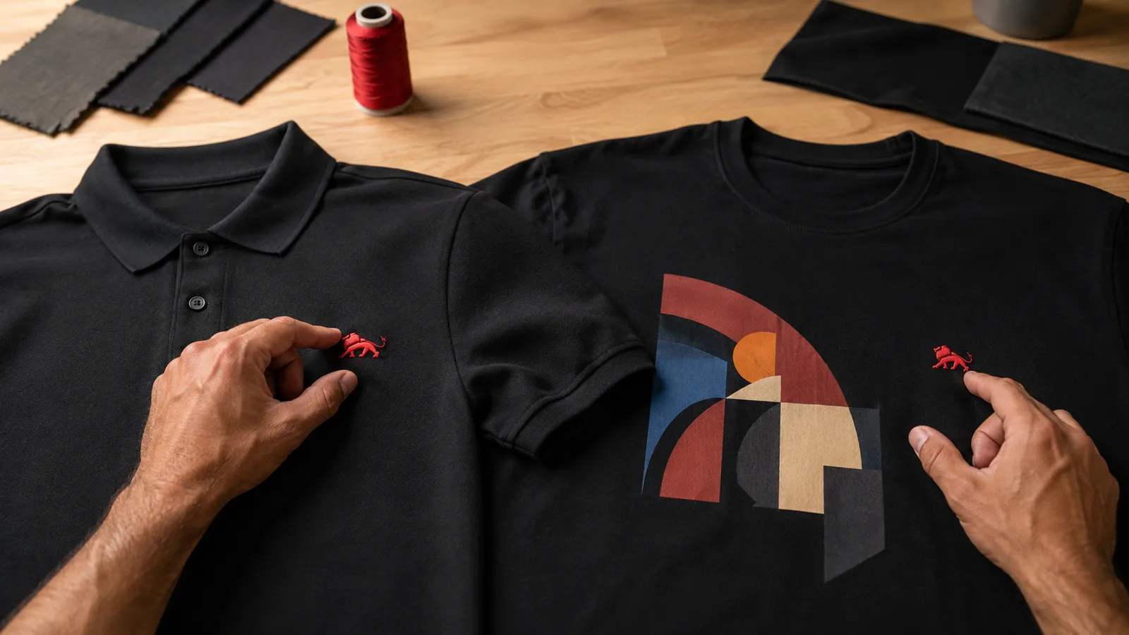 Camiseta personalizada exibida sobre superfície plana, em ambiente de still de produto.