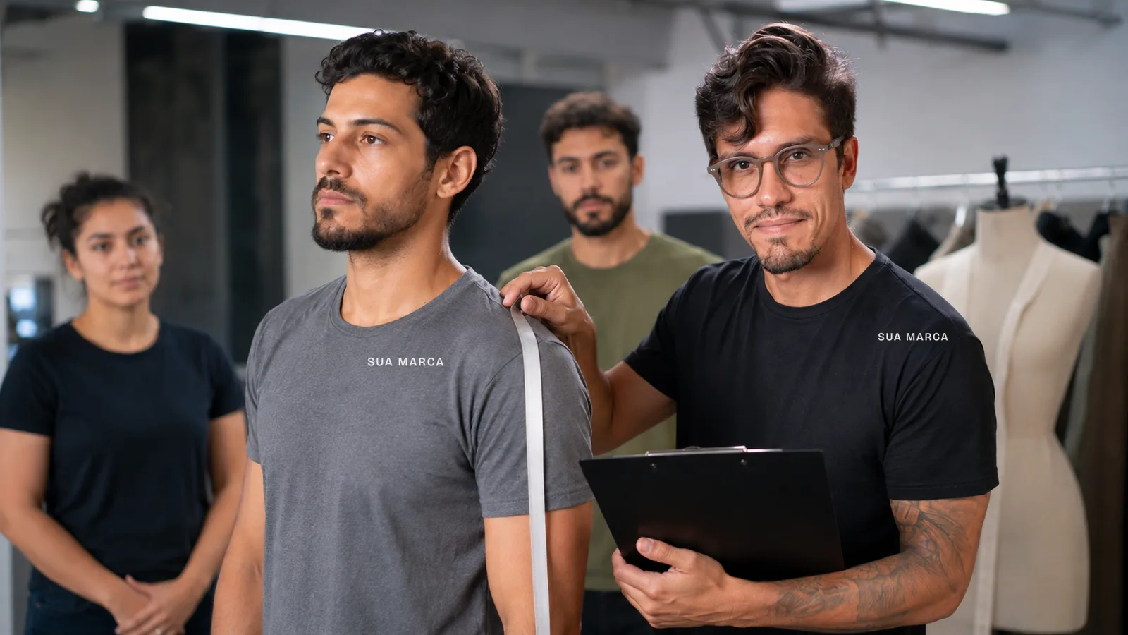 Camiseta uniforme em plano fechado, mostrando referência de caimento e tamanho.