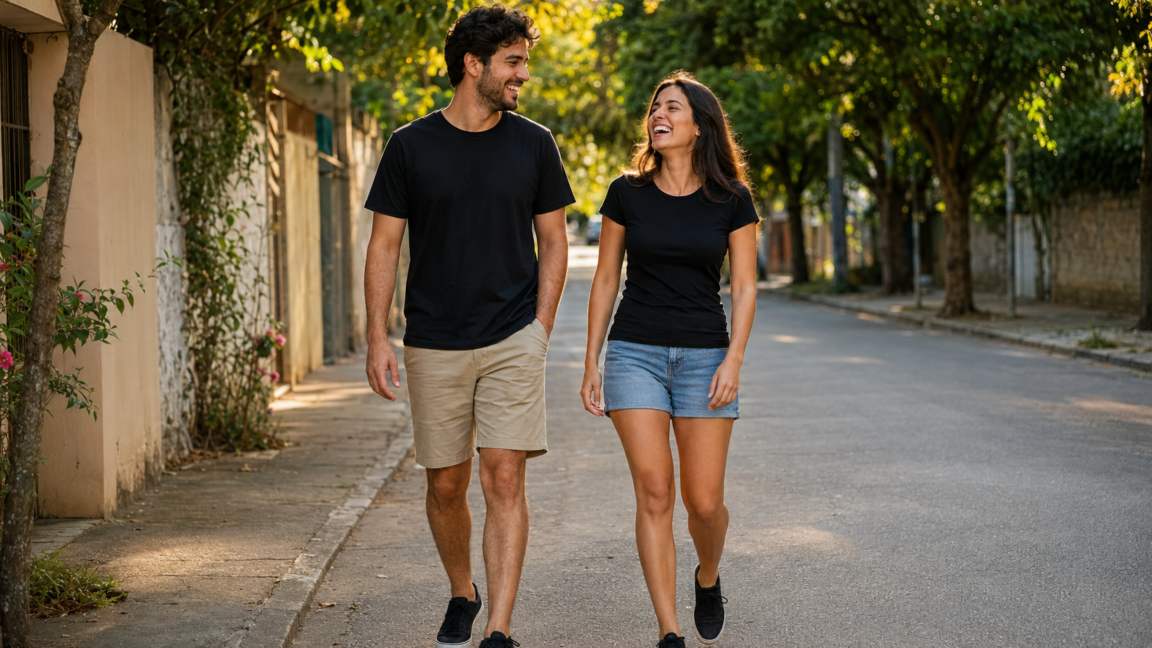 Duas camisetas personalizadas combinando, vestidas lado a lado por um casal.