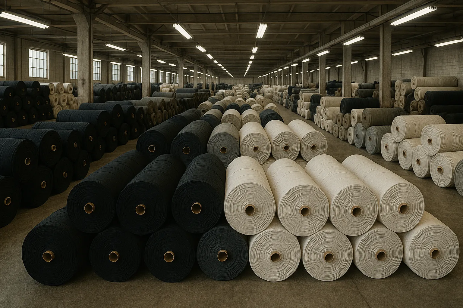 Rolos de malha organizados na etapa de seleção de matéria-prima antes da produção.